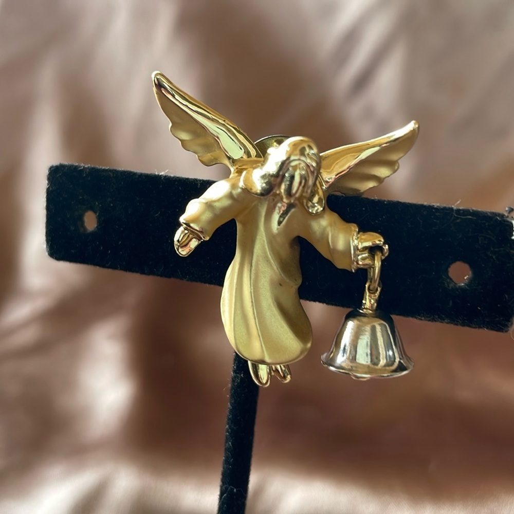 Vintage Louis Giusti “Gigi” Angelica Angel with Bell Brushed Gold Pin or Brooch
